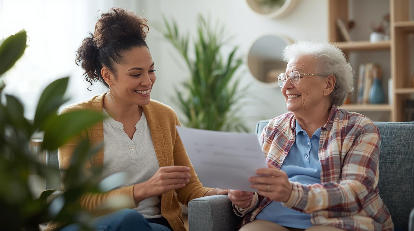 make an image of a caregiving home providing this Doctor Appointment and Scheduling_ with a good resolution.show an image of a caregiver and their attendee . holding a scheduling letter